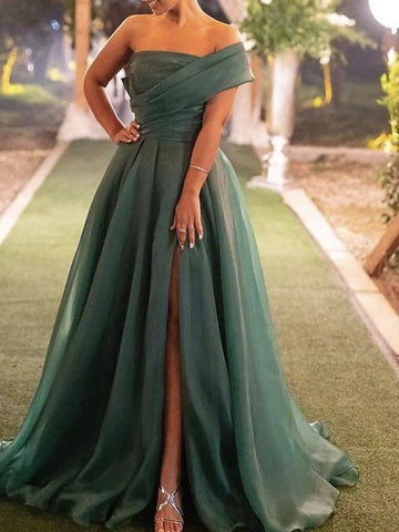 High Split Green Tulle A Line Prom Formal Dress