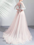 Long Sleeve Tulle Floral A Line Prom Dress