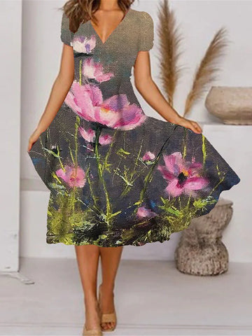 Causal Flower Short Sleeves Outdoor Print Dress