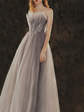 Tulle Appliques Gray A Line Prom Dress
