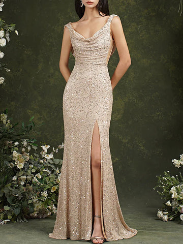 Mermaid Gold Sequin Long Prom Dress