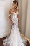 Ivory Off The Shoulder Mermaid Floral Tulle Wedding Dress