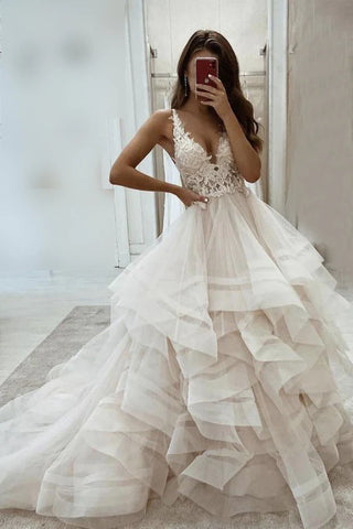 Puffy Tired V Neck Tulle Appliques Wedding Dress