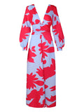 Long Sleeve Print V Neck Summer Beach Dress