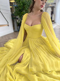 Yellow Long Sleeve Chiffon Prom Dress With Slit