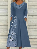 Midi Green Blue Gray Half Sleeve Floral Split Dress