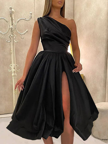 Black One Shoulder Satin Tea Length Prom Dress
