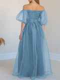 Off The Shoulder Blue Tulle Puffy Sleeve Party Dress