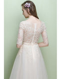 Light Champagne Lace Half Sleeve Tea Length  Wedding Reception Dress
