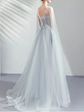 Gray Long Sleeve Tulle Beading Prom Dress