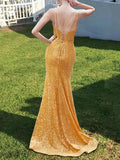 Gold Sequin Backless Trumpet Mermaid Prom Dress