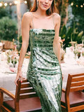 Sequin Sheath Column Midi Green Party Dress