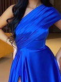 Blue Satin A Line One Shoulder Prom Dress With Slit