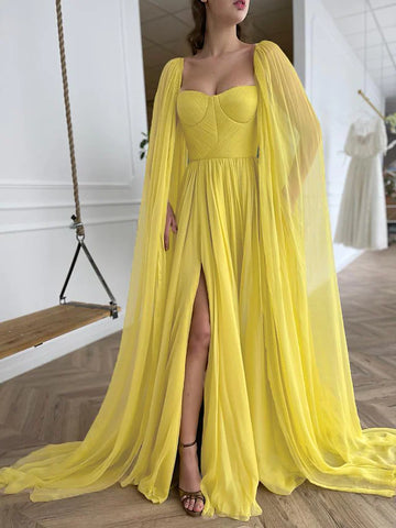Yellow Long Sleeve Chiffon Prom Dress With Slit