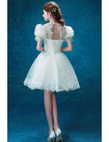 Short Round Neck Lace Bubble Sleeves Wedding Party Dress