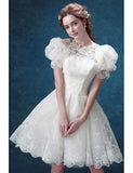 Short Round Neck Lace Bubble Sleeves Wedding Party Dress