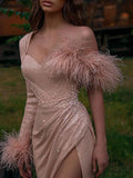 Champagne One Shoulder Long Sleeve Feather Prom Dress