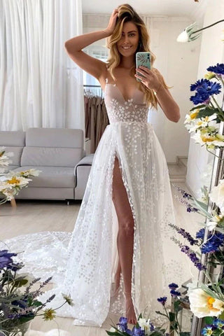 Floral V Neck Split Long Boho Wedding Dress With Slit