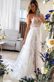 Floral V Neck Split Long Boho Wedding Dress With Slit