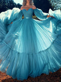 Blue Quinceanera Long Sleeve Tulle Prom Dress