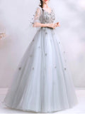 Gray Floral Half Sleeve Appliques V Neck Prom Dress