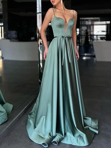 Cut Out Charmeuse Green Prom Formal Dress With Bowknot