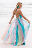 Rainbow Chiffon Deep V Neck Long Maxi Dress