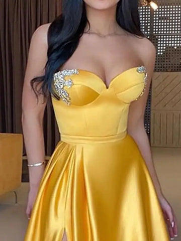 Gold Beading Sweetheart Satin Prom Dress With Slit