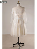 Champagne 3/4 Sleeve Short Plus Size Lace Appliques Wedding Dress