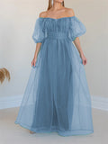 Off The Shoulder Blue Tulle Puffy Sleeve Party Dress