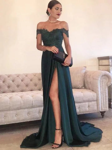  Off-the-Shoulder Green Slit Lace Satin Prom Dress