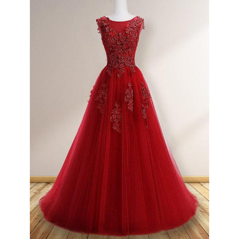 Princess Scoop Dark Red  Floor-Length Applique Tulle Prom Dresses