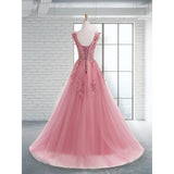 Princess Scoop Dark Red  Floor-Length Applique Tulle Prom Dresses