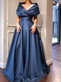 Satin Navy Blue Ruched Simple Prom Dress