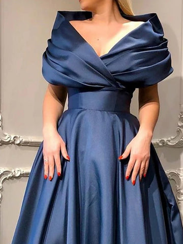 Satin Navy Blue Ruched Simple Prom Dress