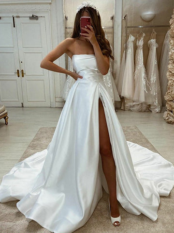 Strapless Ruched Satin Long Wedding Dress With Slit