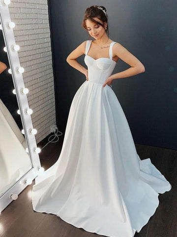 Straps Satin A Line Long Bridal Wedding Dress