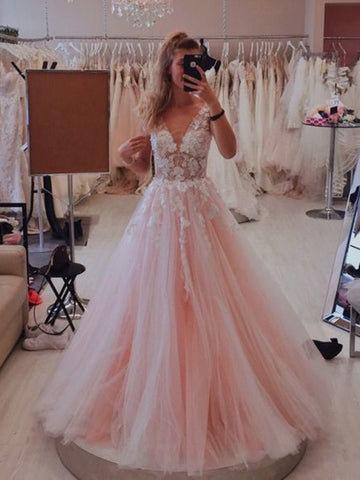 Romantic Pink Tulle Appliques See Through Wedding Dress
