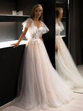 Cap Sleeve Tulle Appliques Pink A Line Wedding Dress