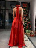 Red High Neck Belt Slit Formal Prom Dress