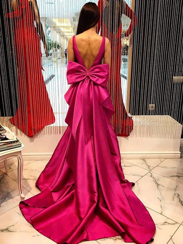 V Neck Fachsia Bowknot Sweep Train Formal Prom Dress