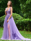 Lavender Tulle High Low Appliques Backless Prom Dress