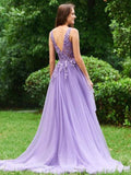 Lavender Tulle High Low Appliques Backless Prom Dress