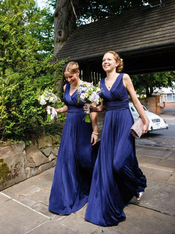 Blue V-neck Chiffon With Pleats Bridesmaid Dress