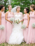 Pink Scoop Floor-Length Chiffon Bridesmaid Dress