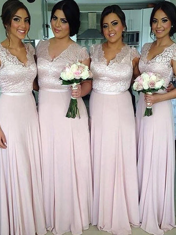 Pink Short Sleeves Long Chiffon Bridesmaid Dress