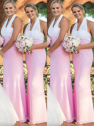 Sheath Column Halter Chiffon Pink Bridesmaid Dress