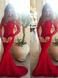 Red Long Sleeves Trumpet Mermaid Lace Prom Dress