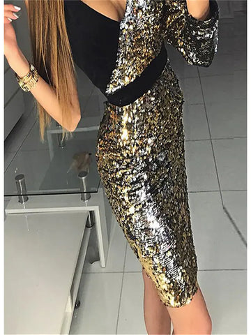Sequin Long Sleeve V Neck Gold Party Dress