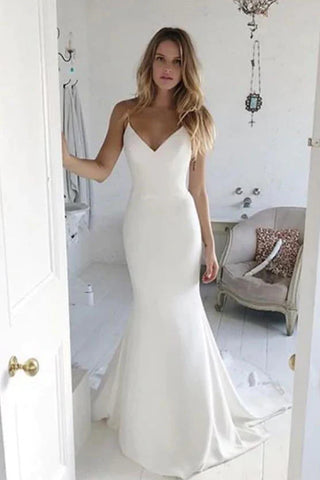 Spaghetti Straps Satin Mermaid Beach Wedding Dress